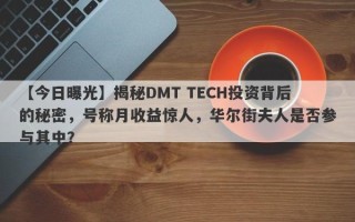 【今日曝光】揭秘DMT TECH投资背后的秘密，号称月收益惊人，华尔街夫人是否参与其中？