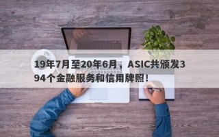 19年7月至20年6月，ASIC共颁发394个金融服务和信用牌照！