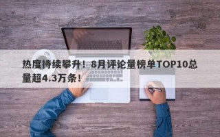 热度持续攀升！8月评论量榜单TOP10总量超4.3万条！